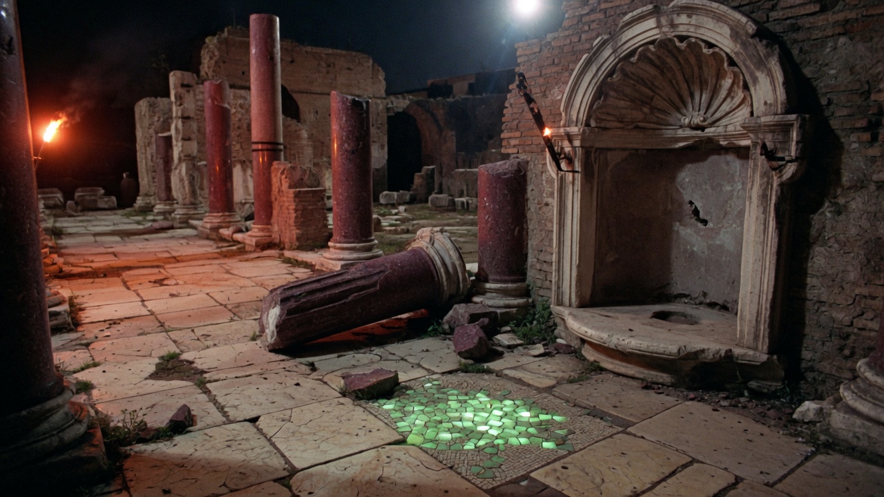 Night in a ruined forum: porphyry columns and a mint-green mosaic glowing in the paving.