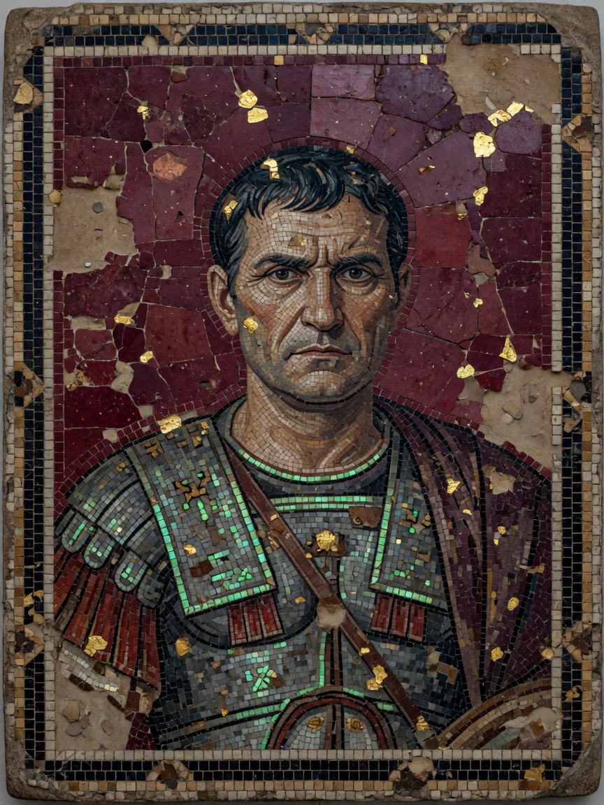 Weathered mosaic portrait of a Roman general, mint tesserae on the armour.